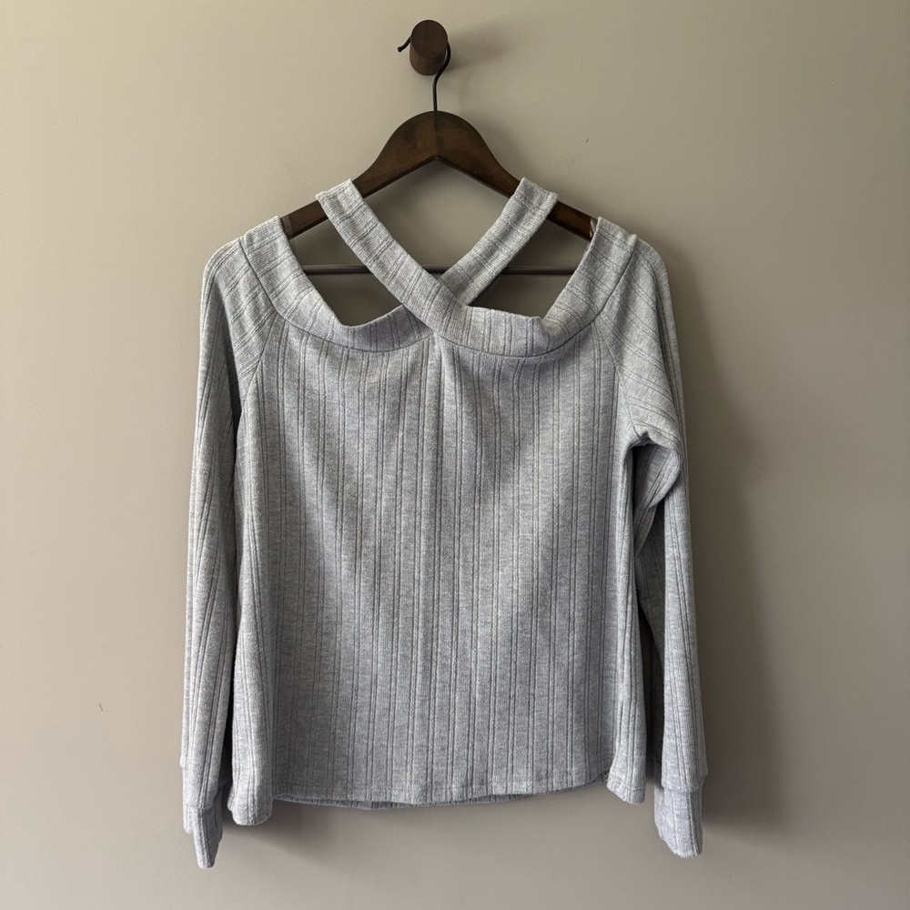 VINTAGE HAVANA OFF THE SHOULDER LIGHTWEIGHT SWEATER HEATHER GRAY SIZE LARGE